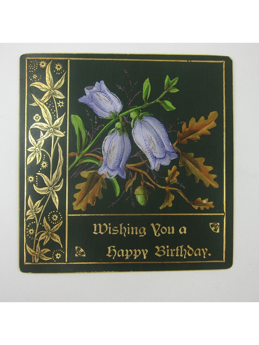 Victorian Birthday Greeting Card Floral Blue Bellflowers Gold Embossed Antique